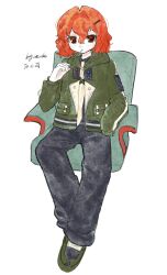 Rule 34 | 1other, absurdres, alternate costume, androgynous, bingkuaihei, black shirt, blue pants, chinese commentary, commentary request, denim, full body, green footwear, green jacket, green sleeves, hair ornament, hairclip, highres, hood, hood down, hooded jacket, jacket, jeans, len&#039;en, light blush, long sleeves, medium hair, necktie, on chair, other focus, pants, pocket, red eyes, red hair, shirt, shitodo hooaka, shoes, simple background, sitting, smoking, solo, wavy hair, white background, white necktie