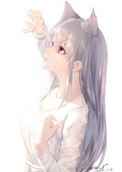 Rule 34 | 1girl, animal ears, arm up, artist name, breasts, cat ears, cat girl, collarbone, covering face, dated, dress, highres, leria v, light, long hair, long sleeves, looking away, looking up, medium breasts, original, parted lips, purple eyes, sidelocks, silver hair, simple background, solo, upper body, very long hair, white background, white dress