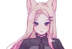 Rule 34 | 1girl, absurdres, ahri (league of legends), animal ears, black shirt, blonde hair, blue eyes, blush, facial mark, fox ears, highres, k/da (league of legends), k/da all out ahri, league of legends, long hair, looking at viewer, parted lips, portrait, ruan chen yue, shirt, signature, simple background, solo, whisker markings, white background