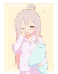 Rule 34 | 1girl, border, brown eyes, commentary, dot nose, grey hair, highres, holding pill, long hair, long sleeves, one eye closed, onii-chan wa oshimai!, open mouth, oyama mahiro, pajamas, pink pajamas, rubbing eyes, simple background, squeans, sleepy, solo, yama h15, yellow background