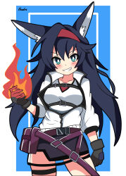 Rule 34 | 1girl, :d, absurdres, animal ears, arknights, arm at side, belt, black belt, black gloves, black hair, black skirt, blaze (arknights), blue background, blue eyes, blush, border, breasts, buckle, cat ears, cat girl, collarbone, collared jacket, cowboy shot, dot nose, fire, flaming hand, gloves, grin, hair between eyes, hair intakes, hairband, hand up, hendra, highres, inset border, jacket, large breasts, legs apart, long hair, looking at viewer, miniskirt, open clothes, open jacket, open mouth, partially unzipped, pyrokinesis, red hairband, shirt, sidelocks, signature, simple background, skirt, smile, solo, teeth, thighs, v-neck, v-shaped eyebrows, white border, white jacket, white shirt