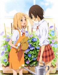 2girls apron asagao_to_kase-san blonde_hair blush brown_hair cloud collared_shirt couple eye_contact flower garden hand_on_another&#039;s_head happy hat kase_tomoka leaf looking_at_another multiple_girls neck_ribbon official_art open_mouth petals pink_ribbon red_ribbon ribbon school_uniform shirt short_hair skirt sky smile thighs yamada_yui yellow_eyes yuri