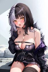 Rule 34 | 1girl, bare shoulders, black choker, black coat, black dress, black hair, black panties, breasts, choker, cleavage, coat, dress, frqz bijutsu, fur-trimmed coat, fur trim, hair ornament, hololive, hololive english, jewelry, lace, lace choker, large breasts, long hair, looking at viewer, multicolored hair, open mouth, panties, ring, shiori novella, shiori novella (1st costume), sitting, sleeveless, sleeveless dress, solo, split-color hair, thighs, two-tone hair, underwear, virtual youtuber, white hair, yellow eyes