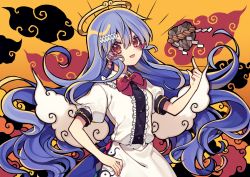 Rule 34 | 1girl, :p, apron, blue hair, blue skirt, bow, bowtie, commentary request, earrings, food, fruit, hair between eyes, halo, hand on own hip, hand up, highres, hinanawi tenshi, index finger raised, jewelry, keystone, kyouda suzuka, long hair, looking at viewer, no headwear, peach, red bow, red bowtie, red eyes, shide, shirt, short sleeves, skirt, solo, tongue, tongue out, touhou, translation request, upper body, white shirt, yellow background