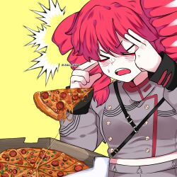 &gt;_&lt; 1girl artistic_error blush buttons closed_eyes commentary d: double-breasted drill_hair english_commentary food grey_jacket hands_up jacket kasane_teto kasane_teto_(sv) leah_phamtomm long_hair long_sleeves man_levitating_pizza_(meme) meme open_mouth pizza pizza_box pizza_slice red_hair simple_background solo synthesizer_v teeth telekinesis twin_drills twitter_username upper_teeth_only utau v-shaped_eyebrows yellow_background