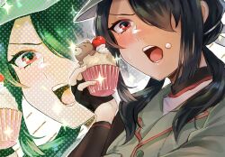 Rule 34 | 1girl, black gloves, black hair, commentary request, cupcake, eating, fingerless gloves, food, gloves, hagioshi, highres, kantai collection, kumano maru (kancolle), long hair, military uniform, multiple views, red eyes, sidelocks, teeth, uniform, upper body, zoom layer