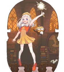 Rule 34 | 1girl, acorn owl, blue eyes, bow, capelet, cookie run, cream puff cookie, dress, eyebrows, hat, killer bear, library, long hair, open mouth, solo, thick eyebrows, thighhighs, wand, white hair, white thighhighs, yellow dress, yellow thighhighs