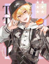 Rule 34 | 1boy, alternate costume, bandaid, bandaid on neck, black headwear, blonde hair, brown eyes, commentary request, flower, highres, hood, hoodie, looking at viewer, male focus, nail polish, open mouth, orange flower, poppoman, project sekai, smile, solo, tenma tsukasa, tulip, white hoodie, white nails