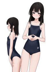 1girl absurdres ass black_eyes black_hair breasts bright_pupils closed_eyes closed_mouth collarbone commentary_request fffukuzawa from_side highres long_hair multiple_views school_swimsuit seitokai_nimo_anawa_aru! simple_background small_breasts standing swimsuit terui_arisu white_background white_pupils