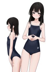 Rule 34 | 1girl, absurdres, ass, black eyes, black hair, breasts, bright pupils, closed eyes, closed mouth, collarbone, commentary request, fffukuzawa, from side, highres, long hair, multiple views, school swimsuit, seitokai nimo anawa aru!, simple background, small breasts, standing, swimsuit, terui arisu, white background, white pupils