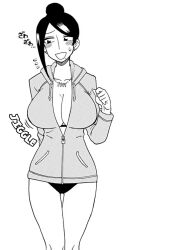 Rule 34 | 1girl, arm behind back, asymmetrical bangs, bijin onna joushi takizawa-san, bikini, black eyes, black hair, blush, breasts, cleavage, earrings, embarrassed, female focus, hair bun, hood, hoodie, japanese text, jewelry, large breasts, long bangs, looking to the side, mole, mole under mouth, monochrome, necklace, parted bangs, pen (medium), sagging breasts, simple background, smile, solo, solo focus, sound effects, standing, swimsuit, takizawa kyouko, thigh gap, thighs, tilted head, traditional media, upper body, white background, yan-baru