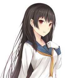 Rule 34 | 10s, 1girl, bad id, bad pixiv id, black hair, blouse, blue sailor collar, blush, breasts, clenched hand, collarbone, commentary request, gloves, hair ribbon, hand on own chest, isokaze (kancolle), kanpyo (hghgkenfany), kantai collection, long hair, long sleeves, looking at viewer, medium breasts, neckerchief, parted lips, red eyes, ribbon, sailor collar, school uniform, serafuku, shirt, sidelocks, solo, tress ribbon, upper body, white gloves, white shirt, yellow neckerchief
