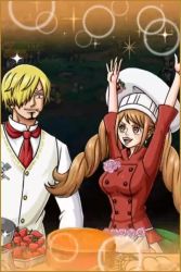 Rule 34 | 1boy, 1girl, animated, blonde hair, blush, brown eyes, brown hair, charlotte pudding, chef hat, cookie, embarrassed, facial hair, food, hat, heart, heart-shaped pupils, hetero, lips, long hair, looking at another, one piece, one piece: treasure cruise, sanji (one piece), short hair, siblings, smile, symbol-shaped pupils, twintails, video