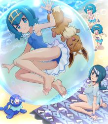 Rule 34 | 4girls, absurdres, alternate costume, arm support, barefoot, beach, beach towel, blue eyes, blue hair, blue one-piece swimsuit, bracelet, breasts, bright pupils, bubble, character print, closed mouth, commentary request, creatures (company), day, eevee, freckles, frills, game freak, gen 1 pokemon, gen 7 pokemon, hairband, harper (pokemon), highres, jewelry, lana&#039;s mother (pokemon), lana (pokemon), looking up, mother and daughter, multiple girls, nintendo, no sclera, one-piece swimsuit, outdoors, pink shirt, pokemoa, pokemon, pokemon (anime), pokemon (creature), pokemon sm (anime), popplio, running, sand, sandals, sarah (pokemon), shellder, shirt, shore, short hair, siblings, sisters, sitting, sleeveless, sleeveless shirt, slowpoke, smile, soles, swimsuit, toes, towel, water, white pupils, yellow hairband, yellow shirt