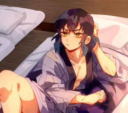 Rule 34 | 1boy, absurdres, blue hair, closed mouth, commentary request, feet out of frame, frown, futon, gradient hair, green eyes, hashibira inosuke, highres, japanese clothes, kimetsu no yaiba, kimono, looking at viewer, male focus, medium hair, mogutofuoes, multicolored hair, on floor, open clothes, open kimono, pectoral cleavage, pectorals, pillow, purple kimono, reclining, solo, v-shaped eyebrows