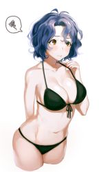 Rule 34 | 10s, 1girl, antenna hair, arm behind back, bikini, black bikini, blue hair, breasts, brown eyes, cleavage, commentary request, cowboy shot, cropped legs, hair between eyes, halterneck, idolmaster, idolmaster million live!, large breasts, legs together, mimizubare, short hair, simple background, solo, standing, stomach, strap pull, string bikini, swimsuit, toyokawa fuka, white background