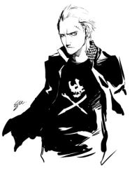 Rule 34 | 1boy, artist request, atlus, ear piercing, greyscale, jacket, jacket on shoulders, jolly roger, long sleeves, lowres, male focus, monochrome, persona, persona 4, piercing, scar, serious, short hair, solo, tatsumi kanji, white eyes