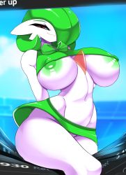 Rule 34 | 1girl, ashraely, ass, bow, breasts, cleft of venus, colored skin, creatures (company), female focus, functionally nude, game freak, gardevoir, gen 3 pokemon, green hair, green skirt, highres, huge breasts, large areolae, large nipples, lips, navel, nintendo, nipples, pokemon, pokemon (creature), pussy, pussy peek, red eyes, shiny clothes, shiny skin, skirt, solo, tank top, thick thighs, thighs, twitter, uncensored, white skin
