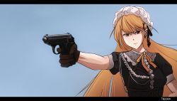 Rule 34 | 1girl, artist name, black dress, black gloves, blonde hair, blue background, breasts, brown eyes, closed mouth, cross, cross earrings, dress, earrings, girls&#039; frontline, gloves, gun, hair ornament, hairclip, handgun, highres, holding, holding gun, holding weapon, jewelry, letterboxed, long hair, looking away, maid headdress, neck ribbon, ppk (girls&#039; frontline), ribbon, serious, simple background, small breasts, solo, treeman, upper body, walther, walther ppk, weapon