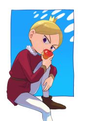 Rule 34 | 1boy, aboutama, apple, blonde hair, blue eyes, cheek bulge, child, crown, daida, eating, food, foot out of frame, fruit, looking at viewer, male focus, ousama ranking, pants, prince, shoes, short hair, solo, sunlight, white pants