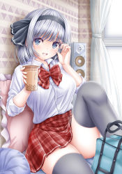 Rule 34 | 1girl, akino irori, alternate costume, bag, blue eyes, blush, bow, bowtie, breasts, bubble tea, commentary request, cup, curtains, disposable cup, drinking straw, feet out of frame, grey thighhighs, hair ribbon, hand in own hair, highres, indoors, knee up, konpaku youmu, large breasts, leg lift, looking at viewer, on bed, open mouth, pillow, plaid, plaid bow, plaid bowtie, plaid neckwear, plaid skirt, red bow, red bowtie, red skirt, ribbon, school bag, school uniform, shirt, short hair, short sleeves, silver hair, sitting, skirt, smile, solo, speaker, teeth, thighhighs, touhou, upper teeth only, wallpaper (object), white shirt, window