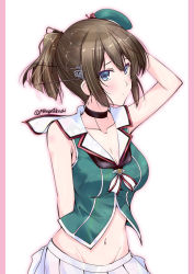 Rule 34 | 10s, 1girl, alternate hairstyle, arm behind back, arm up, bare shoulders, beret, blue eyes, breasts, brown hair, choker, cleavage, cleavage cutout, clothing cutout, collarbone, crop top, green hat, groin, hair ornament, hat, hat ribbon, headgear, kantai collection, looking at viewer, maya (kancolle), maya kai ni (kancolle), mikage takashi, mini hat, navel, pleated skirt, ponytail, red ribbon, ribbon, skirt, solo, twitter username, upper body