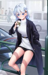 Rule 34 | 1girl, absurdres, aston martin, belt, black coat, black footwear, black shorts, blue eyes, blue hair, blush, boots, car, coat, coffee cup, cup, disposable cup, feet out of frame, fur-trimmed sleeves, fur trim, hair between eyes, hair ornament, hairclip, hand in pocket, highres, holding, holding cup, light blue hair, long hair, motor vehicle, open clothes, open coat, original, ribbed sweater, short shorts, shorts, solo, sweater, turtleneck, turtleneck sweater, vegetablenabe, white sweater