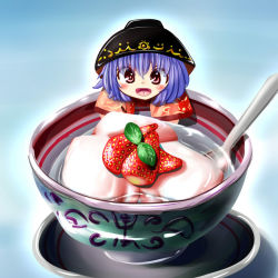 Rule 34 | 1girl, :d, bad id, bad pixiv id, blue hair, bowl, bowl hat, cup, food, fruit, hat, mini person, minigirl, oimo (imoyoukan), oimonocake, open mouth, pink hair, short hair, smile, spoon, strawberry, sukuna shinmyoumaru, touhou