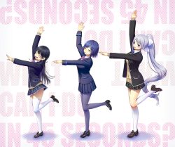 Rule 34 | 3girls, :d, ^ ^, arm up, black hair, blue hair, blush, bow, bowtie, breasts, brown eyes, closed eyes, hair ornament, hairclip, highres, higuchi kaede, higuchi kaede (1st costume), jacket, kath, kneehighs, leg up, loafers, long hair, looking at viewer, mole, mole under eye, multiple girls, nijisanji, open mouth, outstretched arm, pantyhose, pleated skirt, ponytail, purple eyes, purple legwear, school uniform, shizuka rin, shoes, short hair, simple background, skirt, sleeves past wrists, smile, socks, standing, standing on one leg, thighhighs, tsukino mito, tsukino mito (1st costume), very long hair, virtual youtuber, white legwear