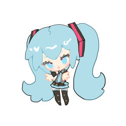 Rule 34 | 1girl, absurdly long hair, black footwear, black skirt, blue eyes, blue hair, boots, chibi, chinese commentary, collared shirt, eyebrows hidden by hair, full body, grey shirt, hatsune miku, highres, indai (3330425), legs apart, light blush, long hair, open mouth, pleated skirt, reaching, reaching towards viewer, shirt, simple background, skirt, sleeveless, sleeveless shirt, smile, solo, thigh boots, twintails, very long hair, vocaloid, white background
