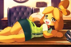 Rule 34 | 1girl, :3, ancesra, animal crossing, animal ears, animal hands, animal nose, arm support, bell, blonde hair, blue skirt, blurry, blurry background, blush, body fur, bright pupils, brown hair, buttons, chair, corded phone, desk, dog ears, dog girl, dog tail, fang, female focus, flat chest, furry, furry female, green vest, hair bell, hair ornament, hair tie, happy, highres, indoors, isabelle (animal crossing), jingle bell, legs together, looking at viewer, lying, miniskirt, multicolored hair, nintendo, on desk, on side, open mouth, parted bangs, pencil skirt, phone, plaid, plaid vest, pocket, shirt, short hair, short sleeves, skirt, smile, snout, solo, tail, tongue, topknot, two-tone fur, two-tone hair, vest, white fur, white pupils, white shirt, wide hips, yellow eyes, yellow fur
