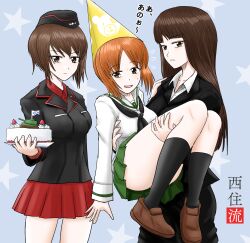 3girls aged_down artist_name birthday birthday_cap black_jacket black_neckerchief black_socks blouse blunt_bangs blush brown_eyes brown_footwear brown_hair cake carrying closed_mouth cross dress_shirt embarrassed emblem family food formal_clothes frown garrison_cap girls_und_panzer green_skirt happy_birthday harukai-i hat highres holding holding_cake holding_food jacket kuromorimine_military_uniform long_hair looking_at_viewer mature_eyes mature_female military military_hat military_uniform miniskirt mother_and_daughter multiple_girls neckerchief nishizumi_maho nishizumi_miho nishizumi_shiho ooarai_(emblem) ooarai_school_uniform open_mouth pant_suit pants princess_carry red_shirt red_skirt sailor_collar school_uniform serafuku shirt siblings sisters skirt socks straight_hair suit translation_request white_sailor_collar white_shirt wing_collar yellow_hat