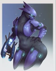 Rule 34 | 1girl, alien, androgynous, armor, black bodysuit, bodysuit, chest armor, commentary, covered abs, curvy, energy gun, english commentary, faulds, fewer digits, flat chest, glowing, glowing eye, gun, halo (series), hand on own hip, handgun, helmet, highres, holding, holding gun, holding weapon, justrube, needler, neon trim, pauldrons, purple armor, sangheili, shoulder armor, skin tight, solo, vambraces, weapon, wide hips