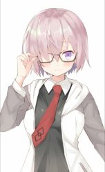 Rule 34 | 1girl, black shirt, coat, collared shirt, fate/grand order, fate (series), glasses, grey coat, hair over one eye, light purple hair, long sleeves, looking at viewer, mash kyrielight, necktie, purple eyes, red necktie, shirt, simple background, smile, solo, tsubaki (tatajd), white background, white coat