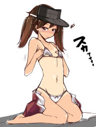 Rule 34 | &gt;:&gt;, 10s, 1girl, :&gt;, barefoot, bikini, blush, breast conscious, brown eyes, brown hair, flat chest, full body, hands on own chest, hat, highres, ippongui, kantai collection, long hair, navel, one-piece tan, personification, ryuujou (kancolle), sketch, solo, swimsuit, tan, tanline, twintails, v-shaped eyebrows, visor cap, white background, white bikini
