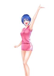 Rule 34 | 1girl, :d, absurdres, arm up, armpits, asahina suzuka, bare arms, bare legs, blue eyes, blue hair, blush, dolphin shorts, hair between eyes, highres, looking at viewer, official art, open mouth, pink shirt, pink shorts, seo kouji, shirt, short hair, short shorts, shorts, simple background, sleeveless, sleeveless shirt, smile, solo, sportswear, standing, suzuka, white background