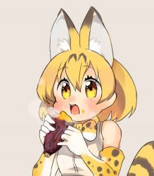 Rule 34 | 10s, 1girl, animal ears, bare shoulders, blonde hair, blush, eating, elbow gloves, extra ears, food, food on face, gloves, grey background, hair between eyes, holding, holding food, kemono friends, open mouth, print gloves, print legwear, roasted sweet potato, serval (kemono friends), serval print, serval tail, short hair, simple background, sleeveless, solo, sweet potato, tail, upper body, wagiyabosa jirou, roasted sweet potato, yellow eyes