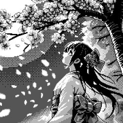 Rule 34 | 1girl, bow, cherry blossoms, cherry tree, commentary, falling petals, from side, greyscale, hair ornament, japanese clothes, kimono, long hair, looking up, monochrome, moon, obi, original, outdoors, petals, pixel art, profile, sash, solo, tree, under tree, upper body, viino hamu86