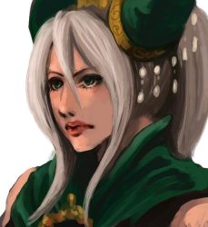 Rule 34 | 1girl, bare shoulders, closed mouth, dress, expressionless, green dress, green eyes, lips, musou orochi, musou orochi 2, nu wa, silver hair, simple background, sleeveless, sleeveless dress, solo, tassel, upper body, white background