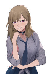 Rule 34 | 1girl, absurdres, black choker, blonde hair, blue necktie, blue skirt, breasts, choker, collarbone, crossed arms, earrings, eye piercing, highres, jewelry, kitagawa marin, la13, long hair, looking at viewer, necktie, open mouth, parted lips, purple eyes, school uniform, shirt, skirt, smile, solo, sono bisque doll wa koi wo suru, standing, teeth, white background, white shirt