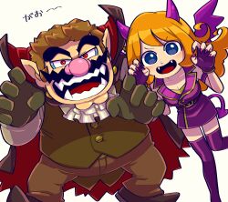 Rule 34 | 1boy, 1girl, ascot, blue eyes, boots, brown gloves, brown hair, cape, demon horns, demon tail, facial hair, fangs, fingerless gloves, gloves, halloween costume, highres, horns, looking at viewer, mona (warioware), mustache, nail polish, nintendo, open mouth, orange hair, purple gloves, purple nails, red eyes, simple background, tail, thigh boots, vampire costume, wario, warioware, white background, zikurorobenzen