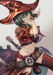 Rule 34 | 1girl, belt, black hair, boots, breasts, choker, cleavage, fingerless gloves, gloves, green-tinted eyewear, green-tinted glasses, guilty gear, guilty gear strive, guitar, hat, highres, i-no, instrument, midriff, online neet, red headwear, sunglasses, thigh boots, thighhighs, tinted eyewear, witch hat