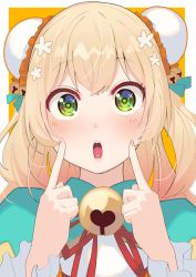 Rule 34 | absurdres, bell, blonde hair, blush, chinese clothes, fingernails, green eyes, hair between eyes, hair bun, hair ornament, highres, hololive, long hair, looking at viewer, momosuzu nene, momosuzu nene (old design), open mouth, pointing, pointing at self, portrait, simple background, solo, tonarikeru, virtual youtuber