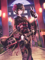 Rule 34 | 1girl, absurdres, bad id, bad pixiv id, black hair, black kimono, closed mouth, collarbone, domi (hongsung0819), floral print, flower, hair between eyes, hair flower, hair ornament, highres, holding, holding mask, holding sword, holding weapon, huge filesize, japanese clothes, katana, kimono, lantern, looking at viewer, mask, night, oni mask, original, outdoors, red eyes, short hair, solo, sword, torii, weapon