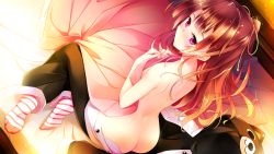 Rule 34 | 1girl, ass, breasts, brown hair, from behind, golden marriage, highres, ichijouji touko, long hair, navel, pink eyes, sideboob, small breasts, socks, solo, striped clothes, striped socks