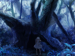 Rule 34 | 1girl, bad id, bad pixiv id, barefoot, blonde hair, blue theme, child, crying, dress, fern, forest, leaf, long hair, nature, ookamiya, original, outdoors, rowya, scenery, silver hair, solo, standing, tears, tree
