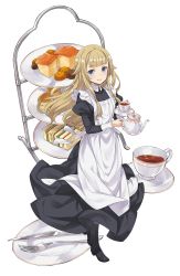 Rule 34 | 1girl, apron, black footwear, blonde hair, blue eyes, cookie, cup, dessert, food, fork, full body, highres, knife, long hair, looking at viewer, maid apron, official art, plate, princess (princess principal), princess principal, princess principal game of mission, saucer, shoes, smile, solo, standing, tea, teacup, teapot, tiered tray, transparent background