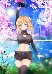 Rule 34 | 1girl, arm up, armpits, bare shoulders, belt, black shirt, black shorts, black thighhighs, blonde hair, blue eyes, breasts, cleavage, cleavage cutout, clothing cutout, crop top, detached sleeves, hand fan, highres, holding, large breasts, long hair, long sleeves, looking at viewer, midriff, mutang, navel, original, shirt, short shorts, shorts, side ponytail, sleeveless, sleeveless shirt, smile, solo, stomach, thighhighs, thighs