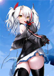 Rule 34 | 1girl, absurdres, antenna hair, ass, azur lane, bare shoulders, black gloves, black jacket, black thighhighs, blue sky, chinese commentary, cloud, commentary, cowboy shot, cross, day, eyebrows hidden by hair, from behind, gloves, hair between eyes, hair ornament, hand up, highres, iron cross, jacket, little prinz eugen (azur lane), long hair, long sleeves, looking at viewer, multicolored hair, off shoulder, parted bangs, red gloves, red hair, rigging, sidelocks, skirt, sky, solo, standing, streaked hair, thighhighs, thumb sucking, two-tone gloves, two-tone hair, two side up, white hair, white skirt, wo chi xiangjiao pi, zettai ryouiki