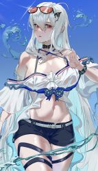 Rule 34 | 1girl, absurdres, ahoge, arknights, black bracelet, black shorts, blue background, breasts, cowboy shot, criss-cross halter, eyewear on head, glint, grey hair, hair between eyes, halterneck, hand up, highres, hualili de baozha, infection monitor (arknights), large breasts, long hair, looking at viewer, official alternate costume, one-piece swimsuit, orange-tinted eyewear, orca hair ornament, parted lips, red eyes, short shorts, shorts, simple background, skadi (arknights), skadi (waverider) (arknights), solo, strap pull, sunglasses, swimsuit, thigh strap, thighs, tinted eyewear, very long hair, water, wet, white one-piece swimsuit